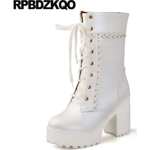 High Heel Pink Platform Ankle Waterproof Winter Boots Women 10 White Kawaii Lolita Shoes Lace Up Japanese Chunky Cute Big Size