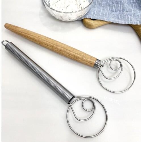 Stainless Steel Egg Beater 13 Inch DIY Bread Dough Tools Baking Accessories Danish Whisk Stick Kitchen Gadgets Oak Wood Handle