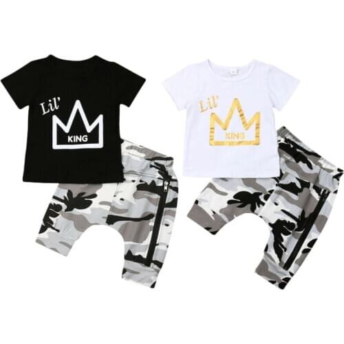 0-5Y Kids Baby Boy Outfits Streetwear Summer Kids Boy Letter Short Sleeve Tops+Camo Pants 2Pcs Clothing Cotton Sets