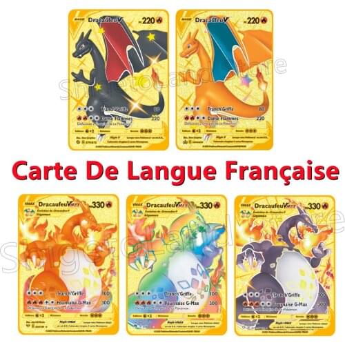 French Language Pokemon Gold Card Toy Metal Cards Game Anime Battle Charizard Vmax Collection Trading Card Action Child Toys