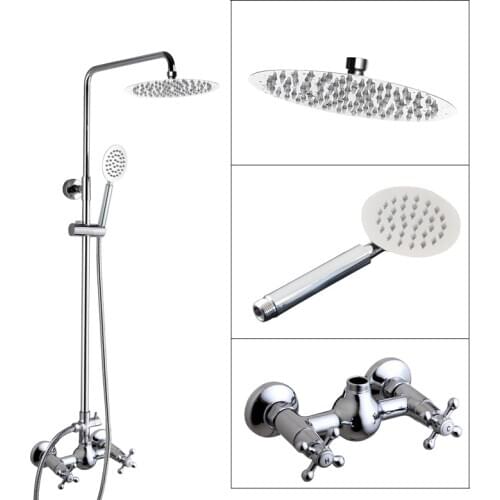 Polished Chrome Brass Bathroom Wall Mounted Round Rain Shower Faucet Set with Hand Spray Two Cross Handles Mixer Tap acy309