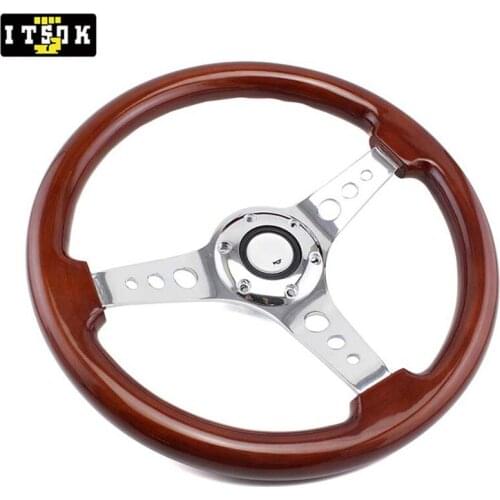 350mm Solid Real Wood Steering Wheel 14inch Universal Round Hole Vintage Classic Wooden Silver Chrome Spoke Car Tuning Volante