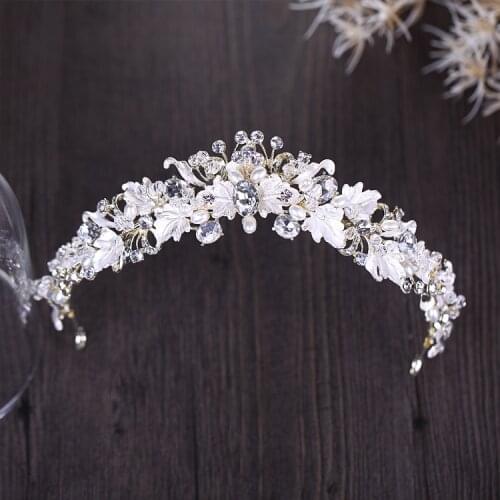 Light Golden crystal flower handmade beads tiara brides crown wedding headdress