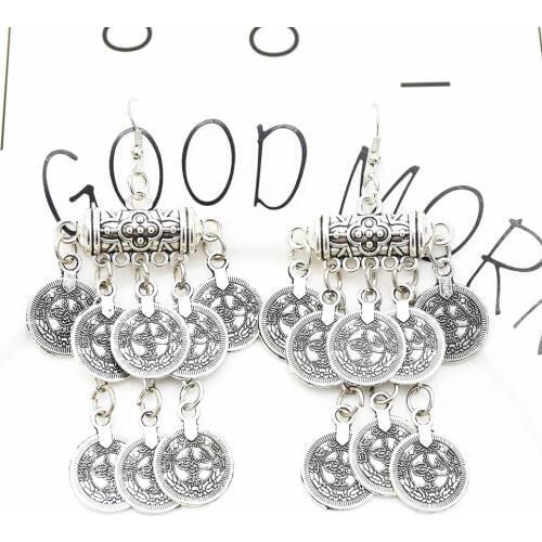 Vintage Tribal Rare Coins Tassel Belly Dance Chain Boho Gypsy Dangle Earrings Carved Flower For Girls Party Mexico India Jewelry