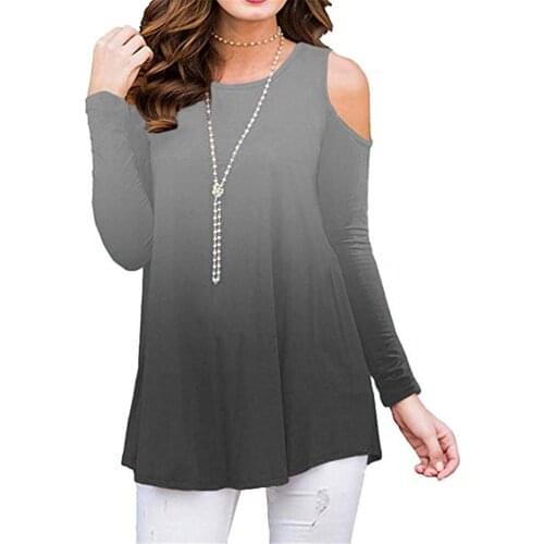 Women T shirts Fashion sexy O-neck long sleeve shirt Gradient color Tops hollow out Flare Sleeve Tees Blusas Plus Size