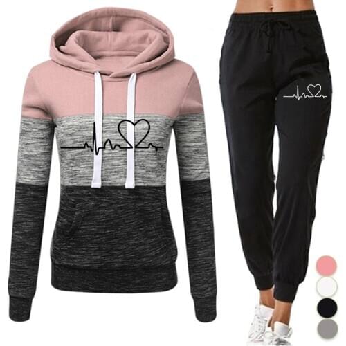 Woman Tracksuit 2 Pieces Set Winter Hoodies+Pants Set Patchwork Pullover Sweatshirt Female Sport Suit Outfits for Women Clothing