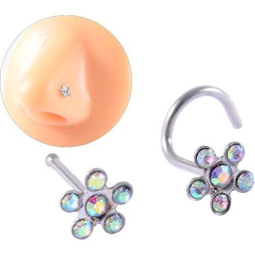 1Pc Flower Nose Stud Surgical Steel AB Color 0.7X8mm Nose Screw Bone Piercing For Women Body Jewelry