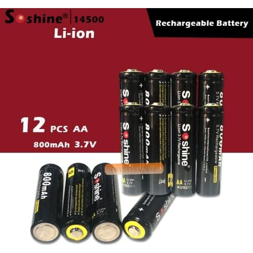 12pcs 100% Original Soshine 14500 AA Li-ion Battery Protected 3.7V 800mAh Rechargeable Batteries with Battery Box