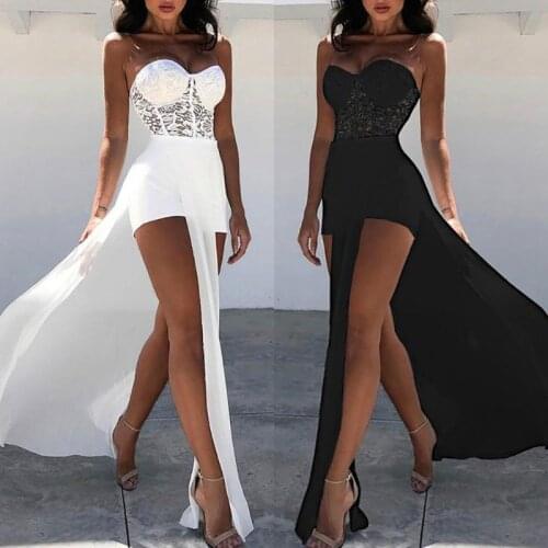 2021 Spring Summer Fashion Tube Top Lace Insert Sexy Outfits Sleeveless Mesh See Through Dip Hem Bodysuit Romper Womens Jumpsuit