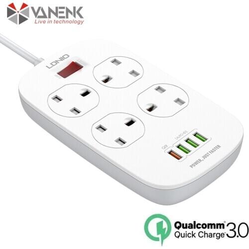 4USB Extension Lead with QC3.0 Fast Charger Port Desktop UK Power Strip Smart Charging Station Surge Protection Socket Outlets