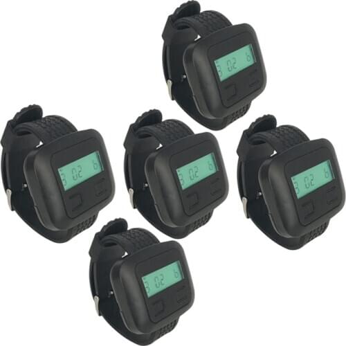 Wireless Paging Guest Call System 433.92 Frequency 5 Wrist Watches Black Receiver With Battery For Restaurant Clinic
