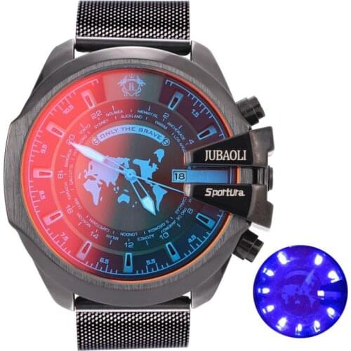 Brand Mens Watches Steel Strip Quartz Waterproof Sport Map Light Creative Discoloration Glass Wristwatch Male Relogio Masculino