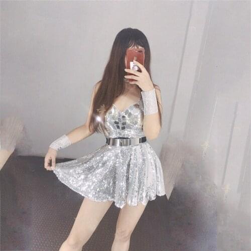 One-Piece Stage Costumes Women Sexy Lens Sequin Short Dress Nightclub Female Singer Gogo DJ DS Birthday Celebrate Wear XS1926