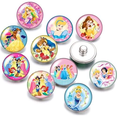 Disney Princesses Belle Snow white 10pcs Round photo glass cabochon 18mm snap buttons for 18mm snap bracelets jewelry wholesale