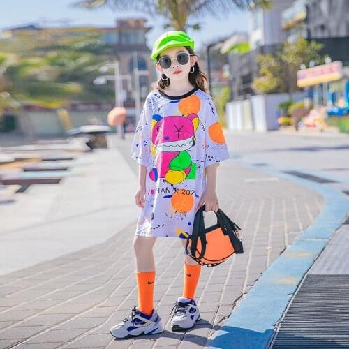 8 10 years Kids Girls Short Sleeve Cartoon Print Oversize Long T-shirt 2021 New Summer Teen Girls Tops