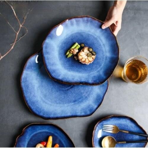 Retro Household Irregular Tableware Shaped Salad Plate Steamed Fish Flat Steak Plate Dessert Western Food Plate Underglaze