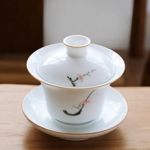 Japanese style gaiwan porcelain tureen with lid wintersweet print handpainted floral pattern cup bowl set 125ml white china