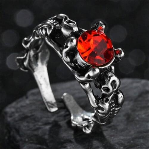 Gothic Punk Rings for Men Women Retro Skeleton Devil Ring Alloy Biker Rock Rap Skull Adjustable Exaggeration Red Stone Jewelry