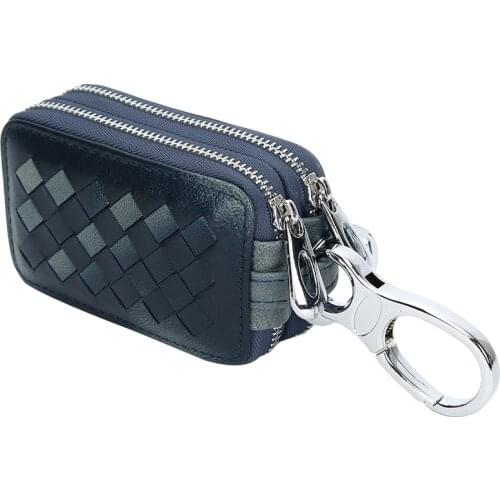Sheepskin Leather Woven Keychain Wallet for Men Luxury Designer Small 2 Layers Zipper Car Keychain Pouch