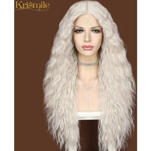 Krismile Daily Top Quality Long Kinky Curly Silver Grey Color Synthetic Lace Front Wig T-Part Middle Parting High Temperature