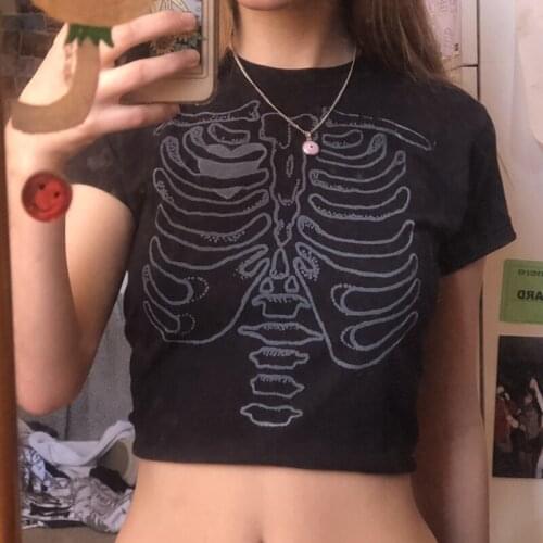 E-girl Harajuku Crop Top Y2K Gothic Black Skeleton T-shirt Short Sleeve Pullovers Streetwear 90s Vintage Aesthetics Sweats Tee