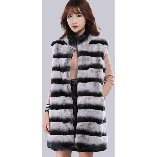 Natural Rex Rabbit Fur chinchilla fur coat clothes length 80cm stand collar thick warm fur vest support customization