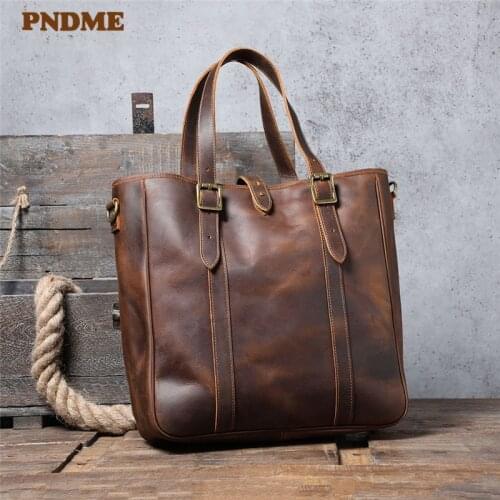 Fashion retro genuine leather men work tote bag casual natural crazy horse cowhide handbag designer large capacity shoulder bag