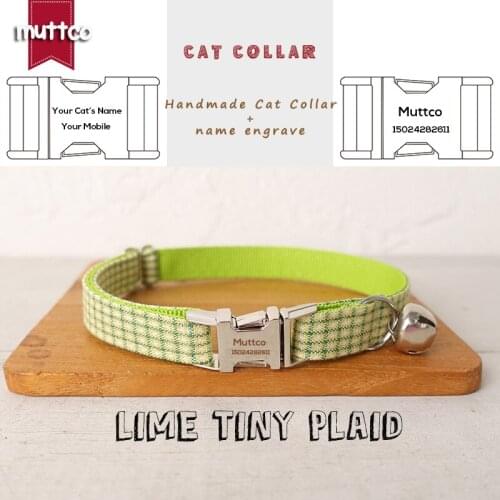 MUTTCO Retailing engraved self-design personalized cat collars LIME TINY PLAID handmade collar 2 sizes UCC106