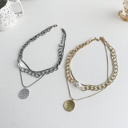 TIMEONLY Fashion Multi Layering Coin Letter Imitation Pearl Snake Necklace Chunky Cuban Chain for Women Japan Style Jewelry