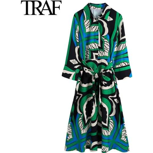 Traf Za Women Fashion Big Shirt Dress 2021 Fall New Long Sleeve Bow Print Vintage Dress Female Robe Vestidos Mujer