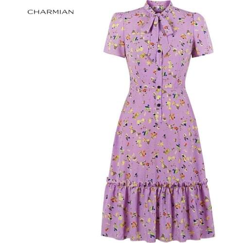 Charmian Womens Vintage Floral Print Bow Collar Retro Ruffle Frock High Waist Party A-line Midi Summer Daily Casual Swing Dress