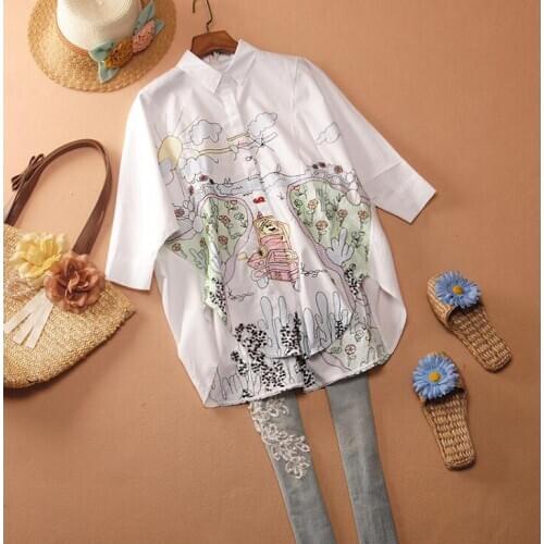 Womens Spring autumn A-Line embroidery Shirt Female Vintage National Loose Casual plus size cotton Shirt Blouse TB977
