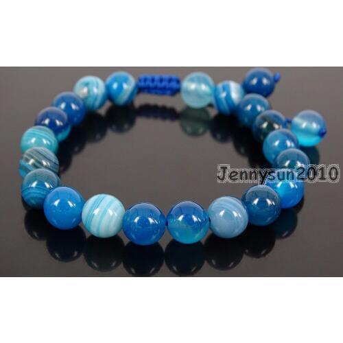 Handmade 8mm Adjustable Natural Blue Stripe Ag-ate Gems Stone Round Beads Bracelet Healing Reiki 5 Strands/Pack