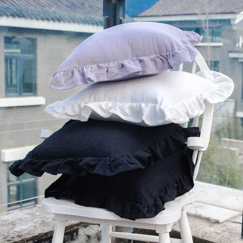 CURCYA Gray Black White Falbala Cushion Covers Flounced Healthy Washed Cotton Bedding Pillowcase 45x45cm with Corrugated Edge