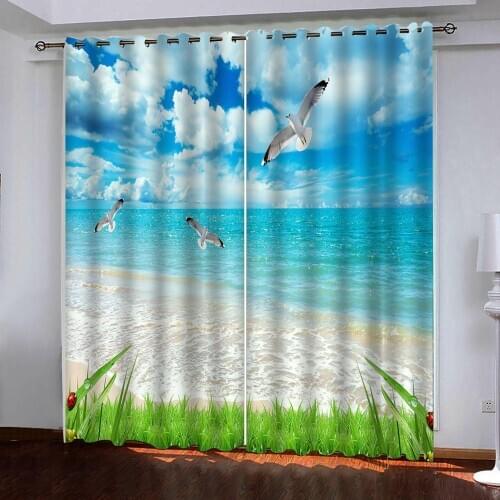 Modern Curtains Living room Bedroom Curtain Blue sea and blue sky seagull Window Drapes 3D Curtains