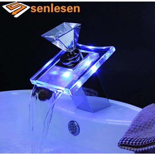 Senlesen LED Waterfall Spout Bathroom Basin Faucet Chrome Brass Glass Vanity Sink Mixer Tap