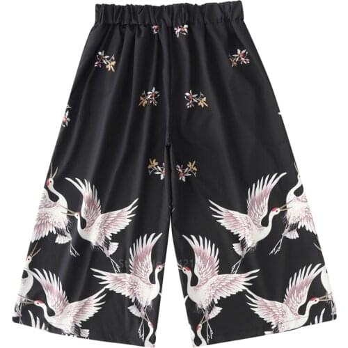 Japanese Fashion Kimono Pants Casual Elastic Waist Wide Leg Pants Drawstring Ukiyo-e Crane Print Palazzo Cropped Trousers