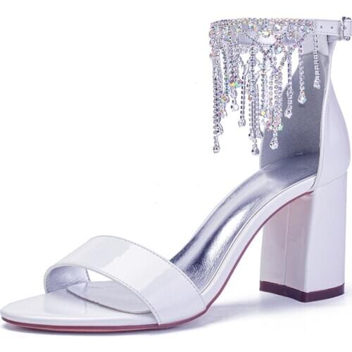MarHermoso Womens Sandals Ankle trap Crystal Tassel Bridal Wedding Pumps Chunky Heel Wedding Shoes