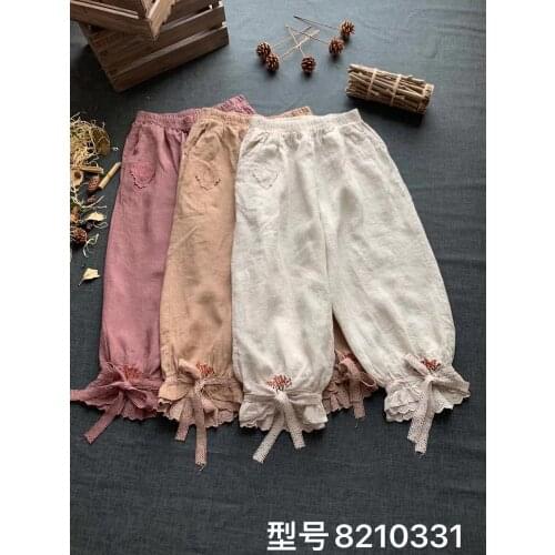 2021 Japan Style Mori Girl Elastic Waist Lace Casual Pants Embroidered Linen Loose Bloomers Women