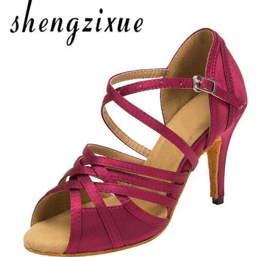 Shengzixue latin dance shoes Size of 4-11 womens light satin high quality color wine red heel 85mm soft outsole