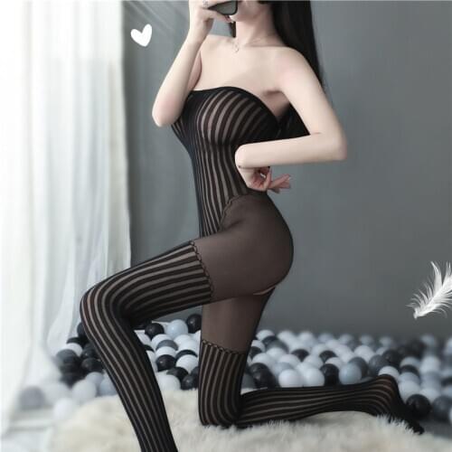 Black Striped Latex Catsuit Women Erotic Costumes Open Crotch Bodystockings Nylon Tights Transparent Lenceria Erotica Mujer Sexi