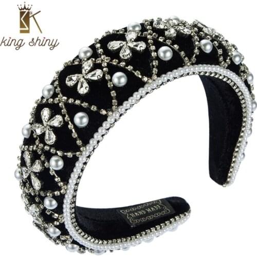 King Shiny Baroque Flash Crystal Flower Headband Vintage Imitation Pearl Beaded Sponge Hairband Woman Hair Accessories Headpiece
