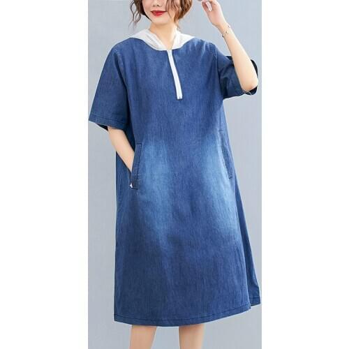 New Summer Style Women Dresses Plus Size Chest 124CM Casual Loose Hooded Patchwork Jeans Dress For Females Slim Denim One-Piece