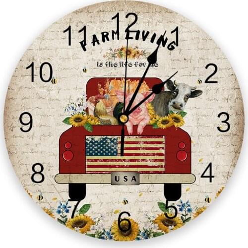 Farm Pig Chicken And Cow Vintage Truck Sunflower New Wall Clock Fashion Living Room Watch Modern Home Decoration Round Clocks