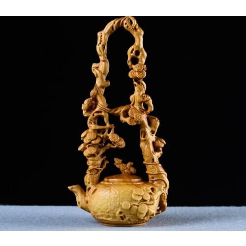 16CM squirrel teapot Boxwood Carving Chinese Style Creative Solid Wood Figurines Home Decoration Arts and Crafts