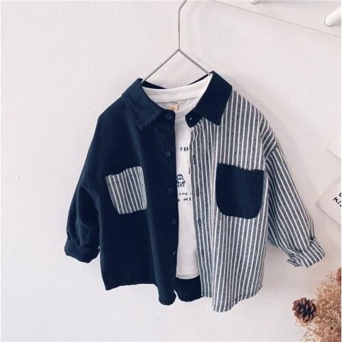 Childrens Shirt Autumn 2021 New Boys Long Sleeve Stripe Patchwork Color Casual Single Breasted Shirt Korean Top Shirt for Boys