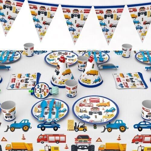 Kid Party Decoration Construction Vehicle Excavator Tableware Set Balloon Globos Cake Topper Banner For Birthday Wedding Party