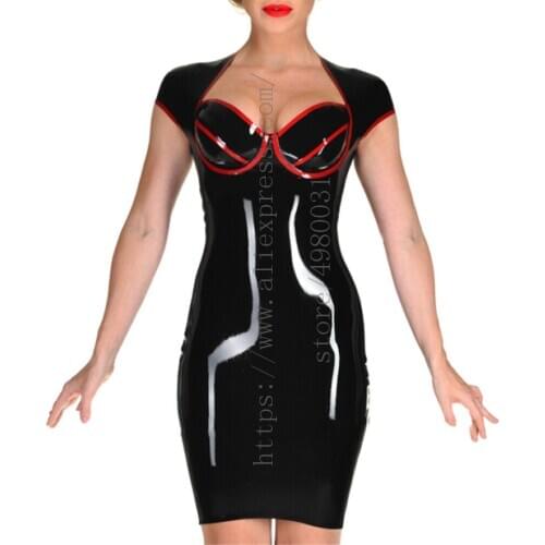 Back zipper design womens black slim latex dress with red trims decorations what is made of 0.4mm natural latex materials