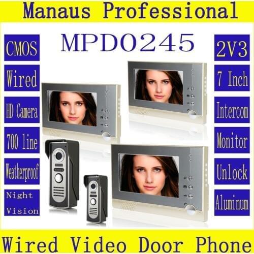 Professional 7" Wired Video Door Phone Door bell for Home Security with Camera,Two to Three Video Doorphone Doorbell D245a