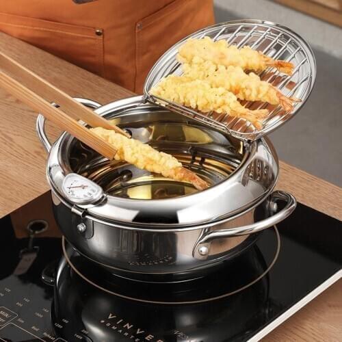 Kitchen Deep Frying Pot Thicken Thermometre Tempura Fryer Pan Temperature Control Fried Chicken Pot Cooking Tool Stainless Steel